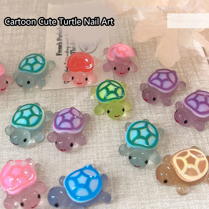 6 uds 3D colores mezclados tortuga luminosa decoración de uñas accesorios de resina Diy adorno de tortuga de Color que brilla en la oscuridad