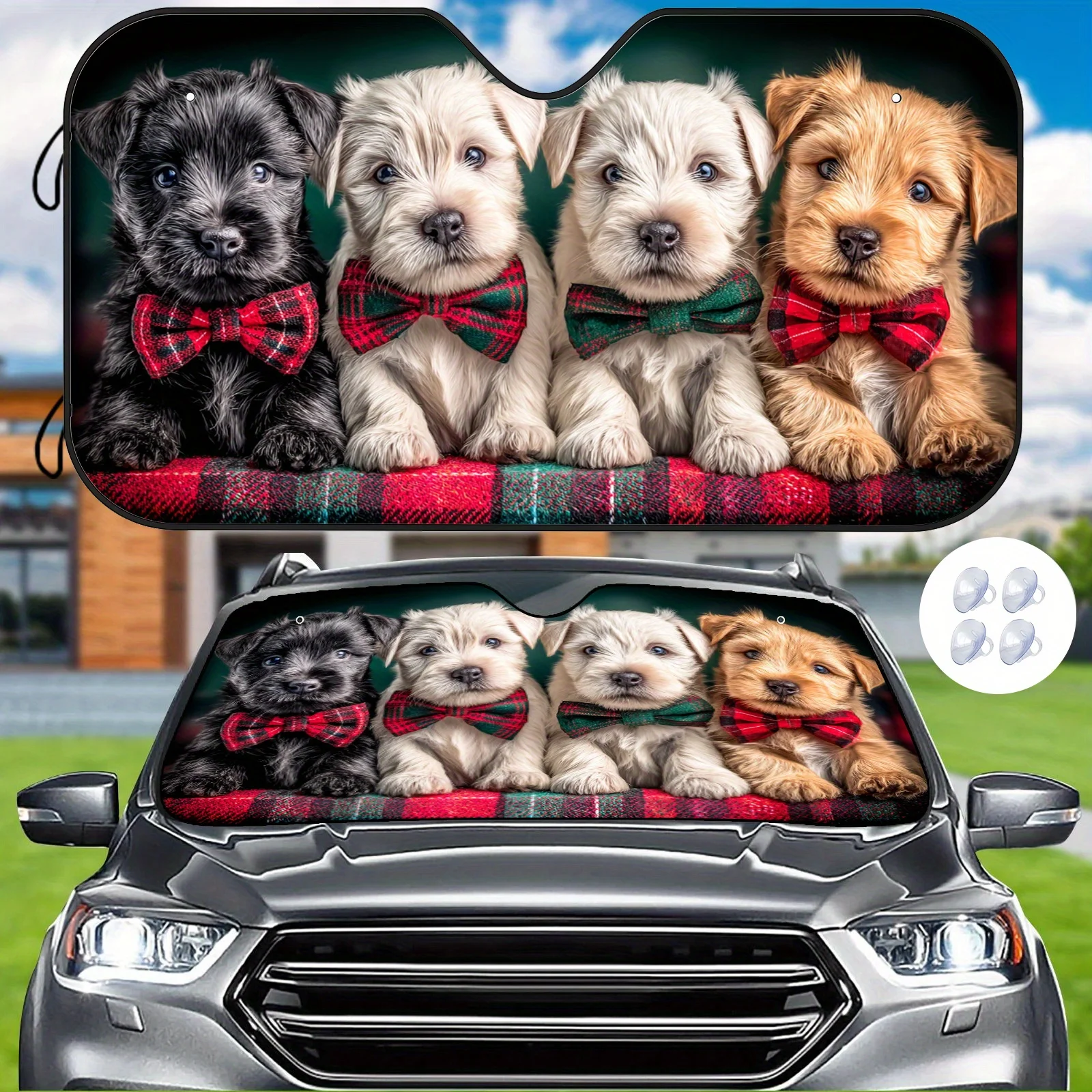 Parasol para coche Gentleman Puppy con diseño de lazo a cuadros, estampado de perro adorable, aislamiento térmico y equilibrio de temperatura para coches, Inc.