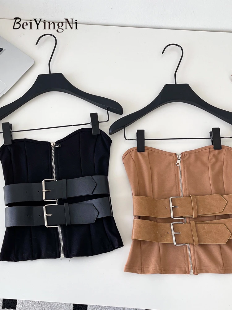 

Beiyingni американский стиль y2k майки для женщин винтажные сексуальные без бретелек пояс на молнии майки женские узкие черные цвета хаки повседневный жилет