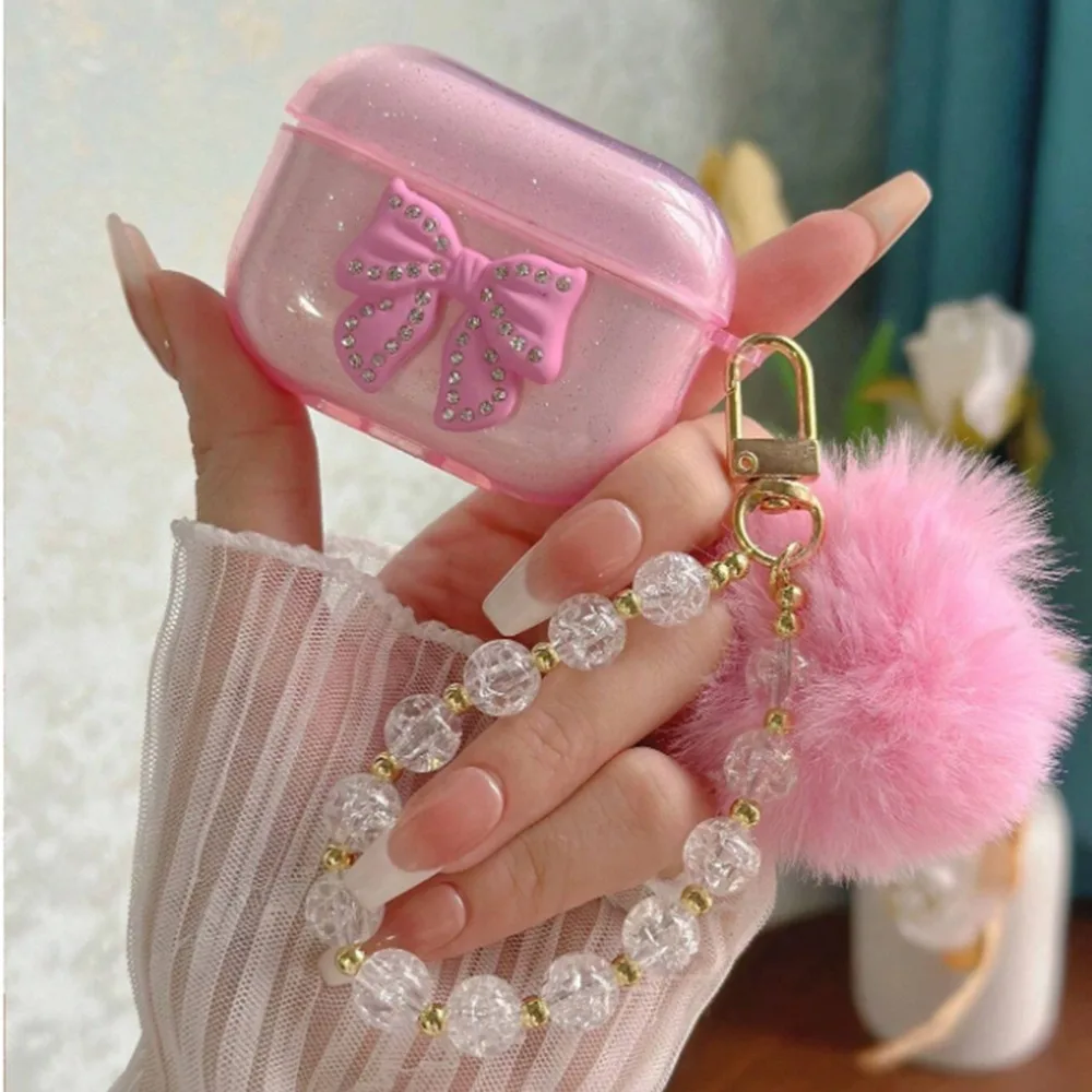 

New Bow Earphone Cover with Chain Plush Ball Earphone Case Anti-fall Dust-proof Charging Box Shell for AirPods 1/2/3/4