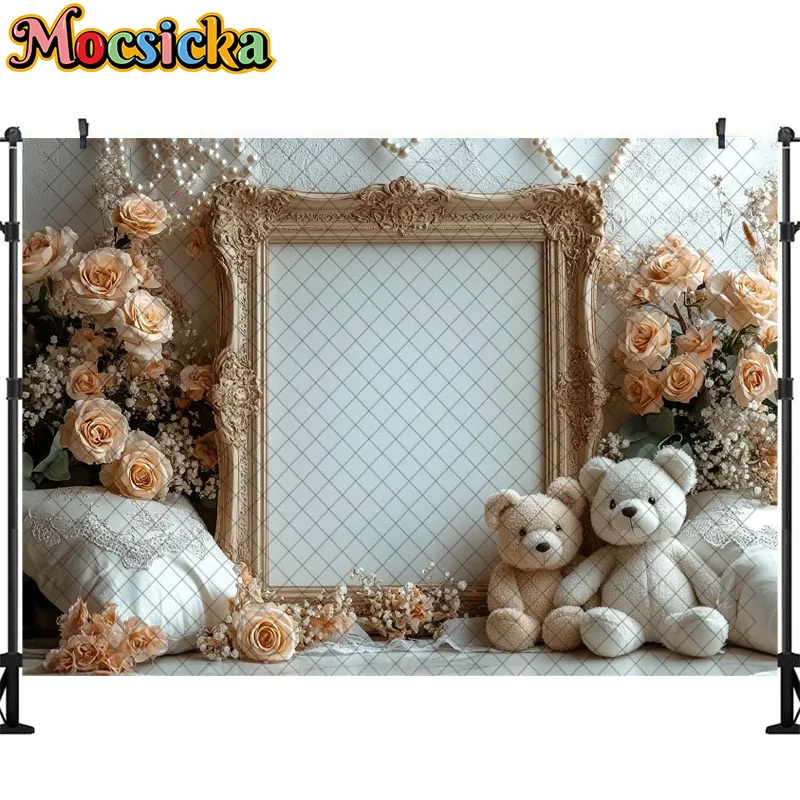 보호 사진 배경 귀여운 장난감 곰 사진 프레임 장식, 신생아 초상화 사진 배경, 스튜디오 소품 배너