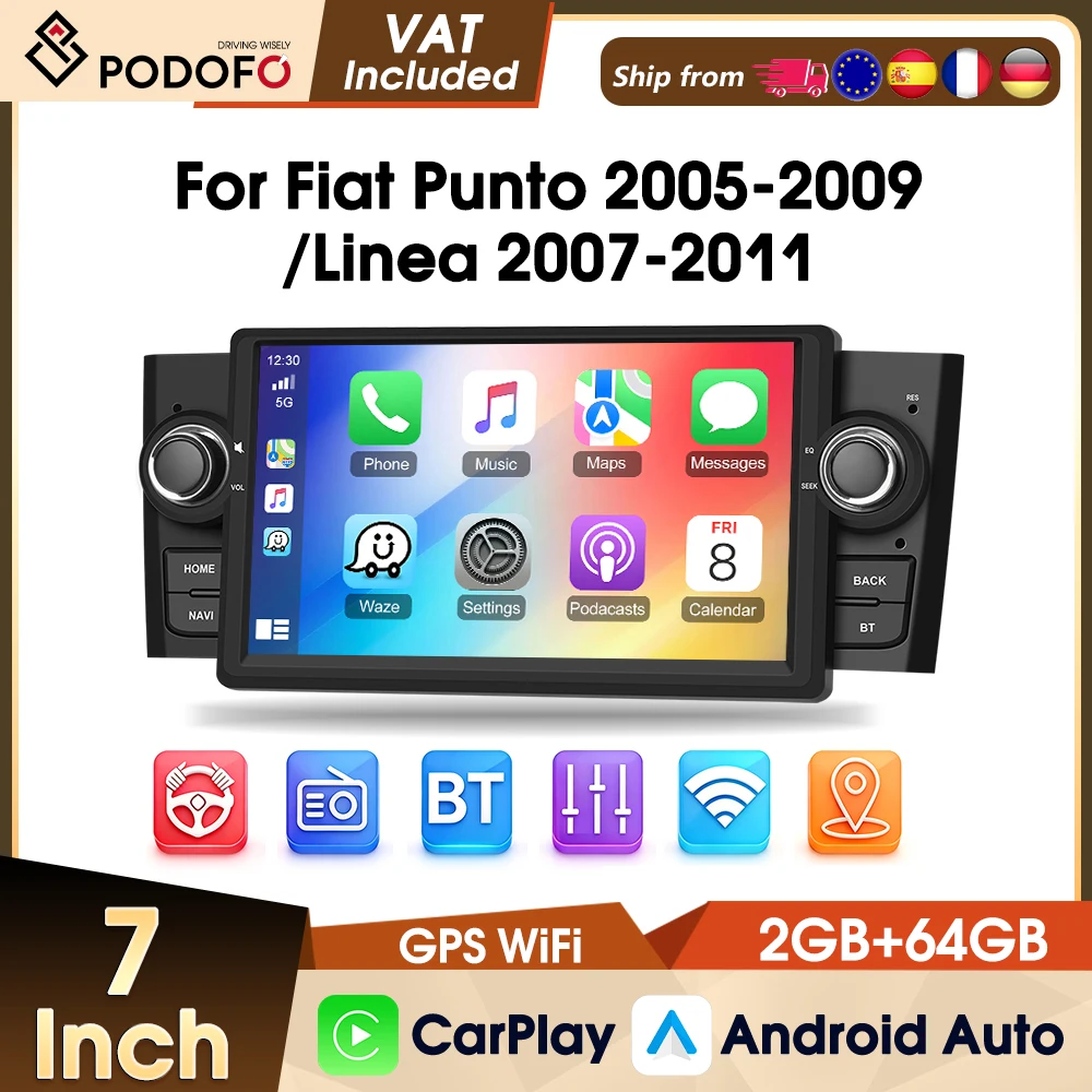 Autoradio Podofo 2DIN 2+64G per Fiat Punto 05-09/Linea 07-11 con Carplay, Android Auto, Mirror Link, GPS, WIFI, BT, USB, FM/RDS
