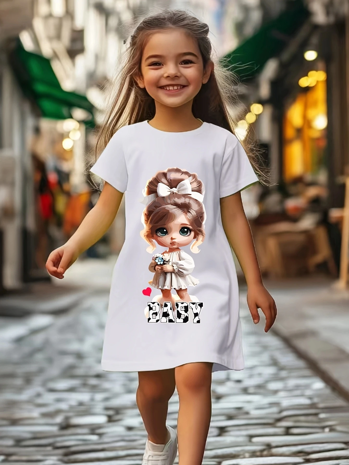 

Cute cartoon print girl casual jumpsuit soft, breathable and elastic polyester fiber blend