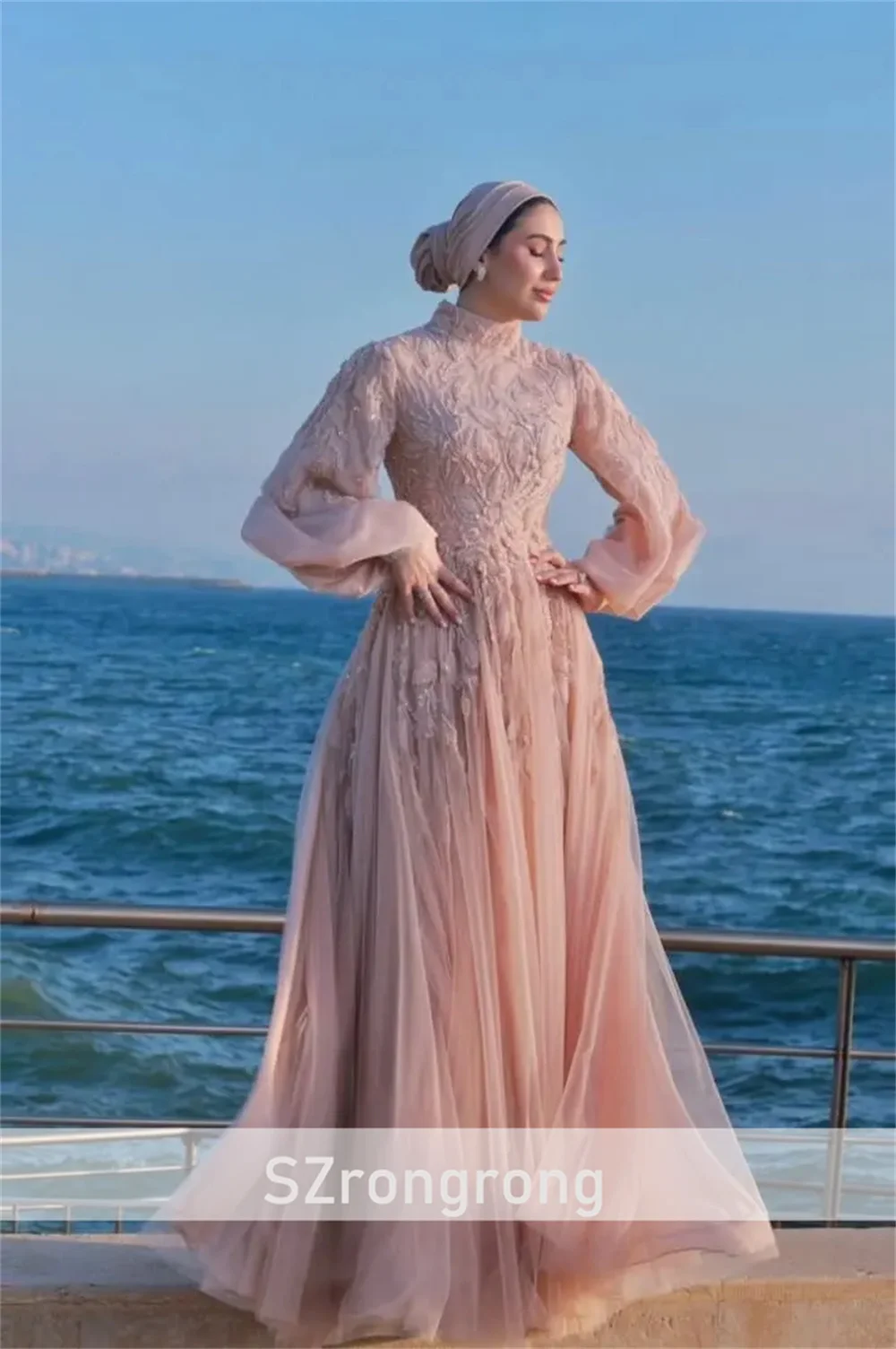 Vestido árabe saudí de encaje de tul con cuello alto para mujer, manga larga abombada, corte en A, vestido largo para madre de novia con corte personalizado