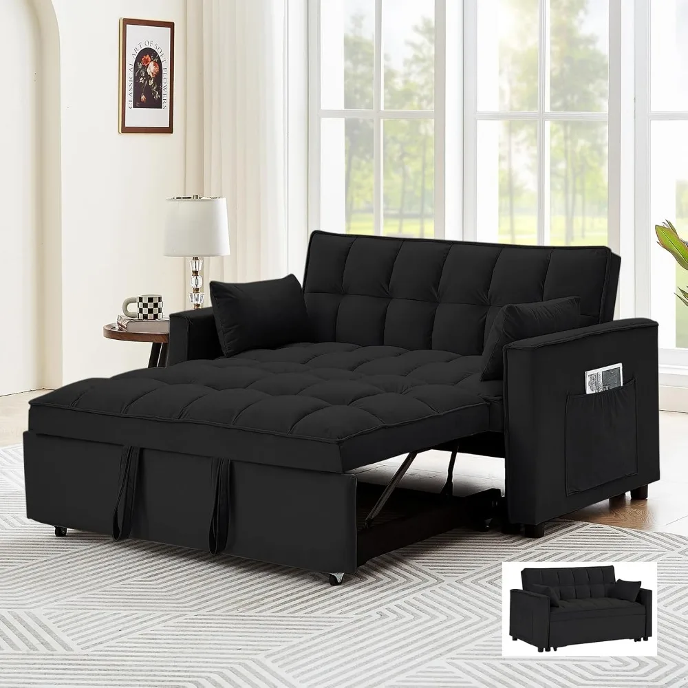 55 Inch Convertible Sleeper Sofa 3 in 1 Velvet Small Loveseat with Pull Out Bed, Reclining Backrest, Sofas