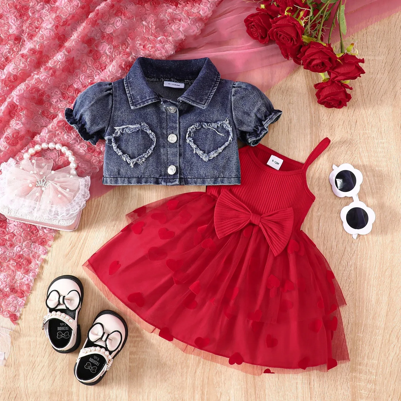 

Summer Toddler Girls 2pcs Outfit Denim Short Sleeve Jacket + Sling Tulle Puff Dress with Bow Decoration Kids Party Dress