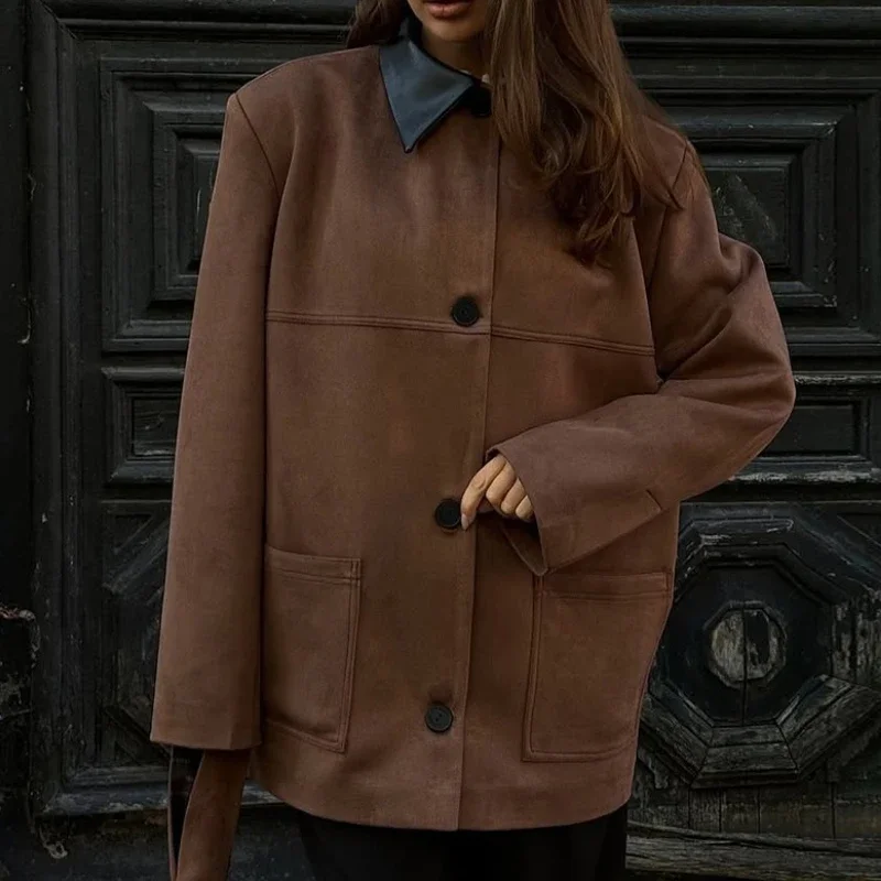 معطف من جلد الغزال عتيق لخريف وشتاء 2025 فضفاض مناسب بياقة سوداء سترة مريحة دافئة #3