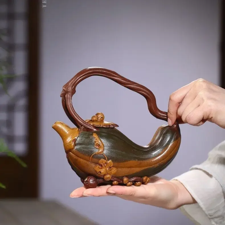 Zisha pot raw ore red mud pulp pumpkin lifting beampot bionic device Zisha teapot Yuzhongsha teaset factory wholesale