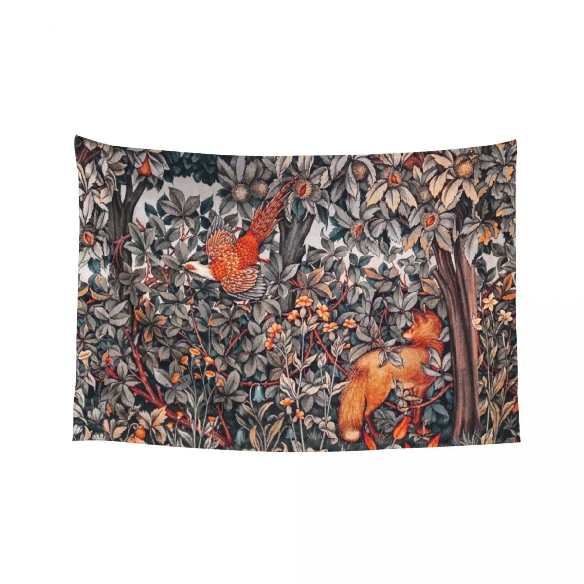 

GREENERY, FOREST ANIMALS Pheasant and Fox Red Black White Floral Tapestry Decorations For Room Tapestry