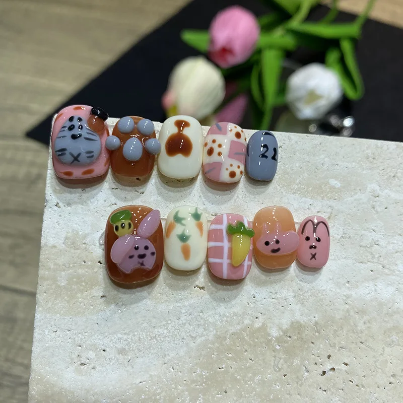 

Short Japanese Kawaii Cartoon Fake Nails Professional Wearable Advanced Press On Nails Designed Cute Animals Nail Art