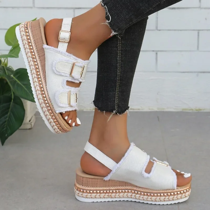 Women Wedge Sandals 2024 Summer Beach Slippers Double Buckle Non-slip Clogs Slides Women Flip Flop Platform Sandals Denim Female