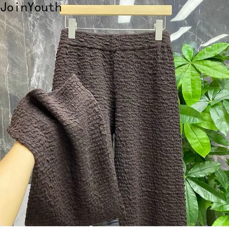 

2024 Women Clothing Knitted Wide Leg Pants High Waist Vintage Casual Trousers Straight Folds Fashion Pantalon Femme New Bottoms