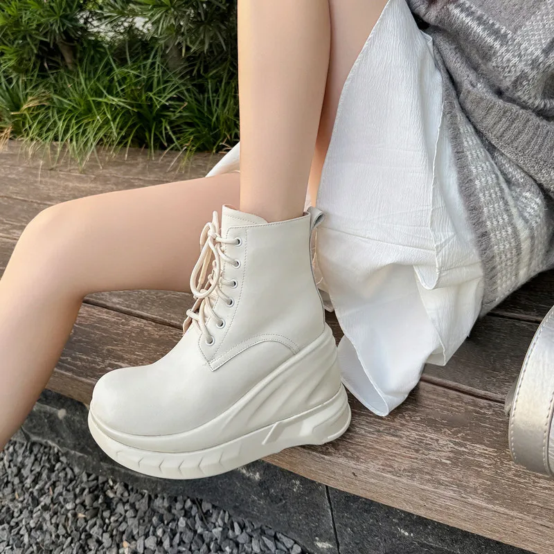 

MKKHOU Fashion Short Boots Women's New High Quality Genuine Leather Round Head Tall White Thick soled Shoes Flat Bottom Boots