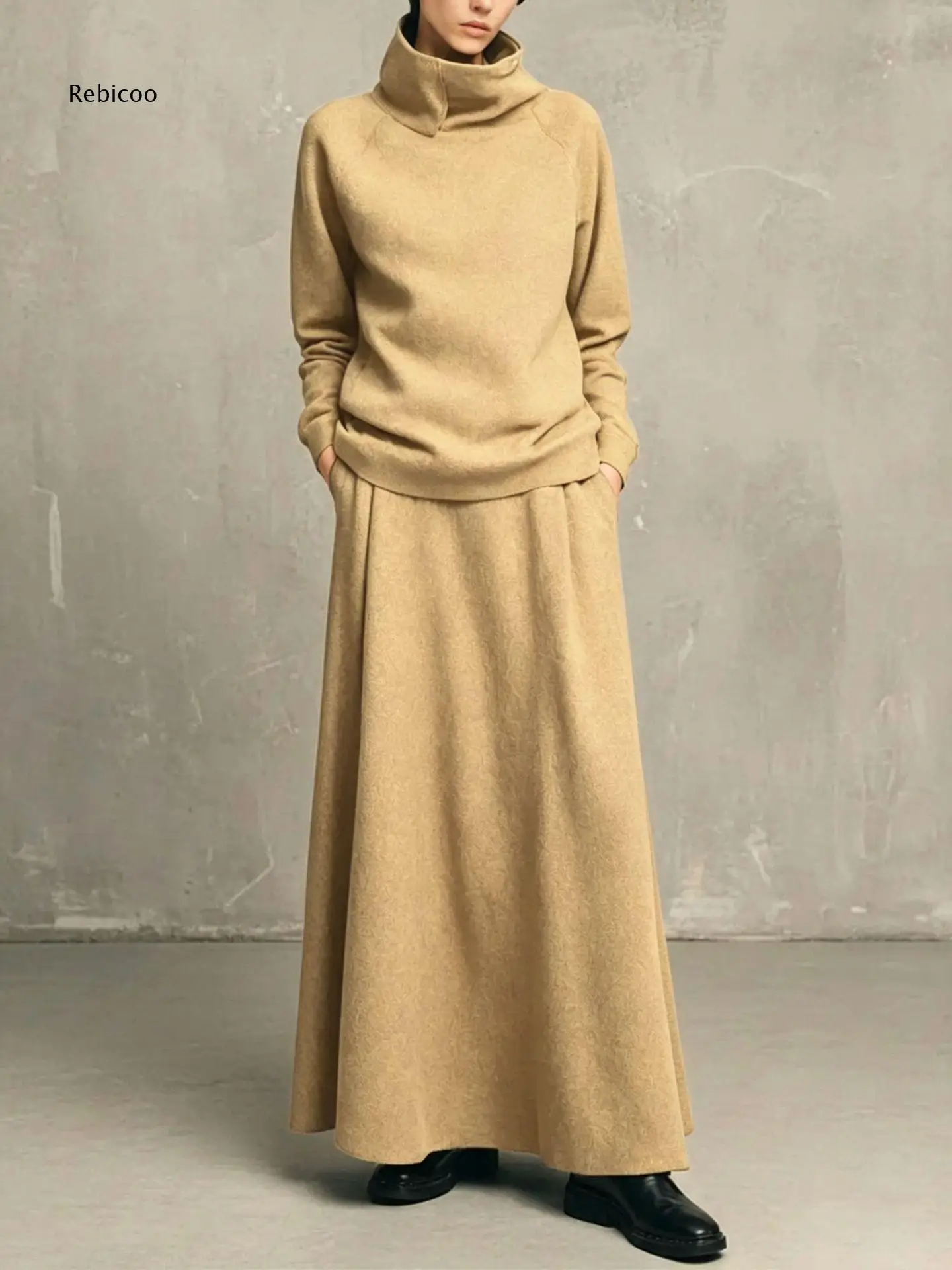 Women High Collar Long Sleeve Top And High Waist Maxi Skirt Two Piece Outfit With Side Pockets For Fall Winter Daily Wear