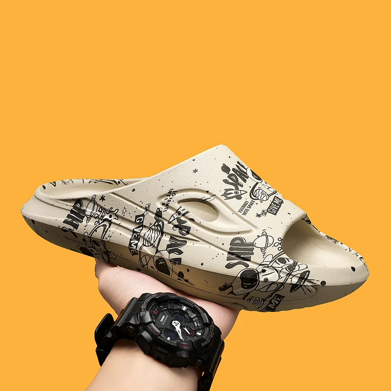 남성용 패션 프린트 슬리퍼, 경량 미끄럼 방지 EVA 샌들, 캐주얼 슬라이드, 실내 욕실 슬리퍼, 오픈 토 비치 슈즈 