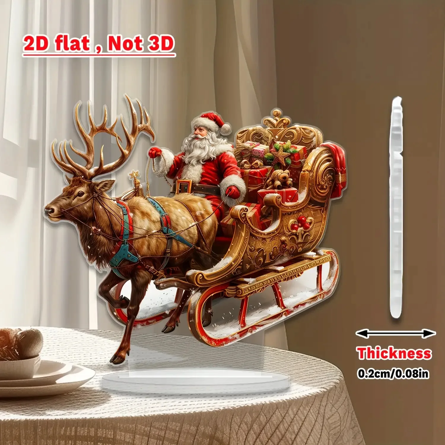 Santa Reindeer Sleigh 2D Flat Acrylic Stand, Christmas Gift Sled Print Desktop Ornament Xmas Home Table Decor Gift