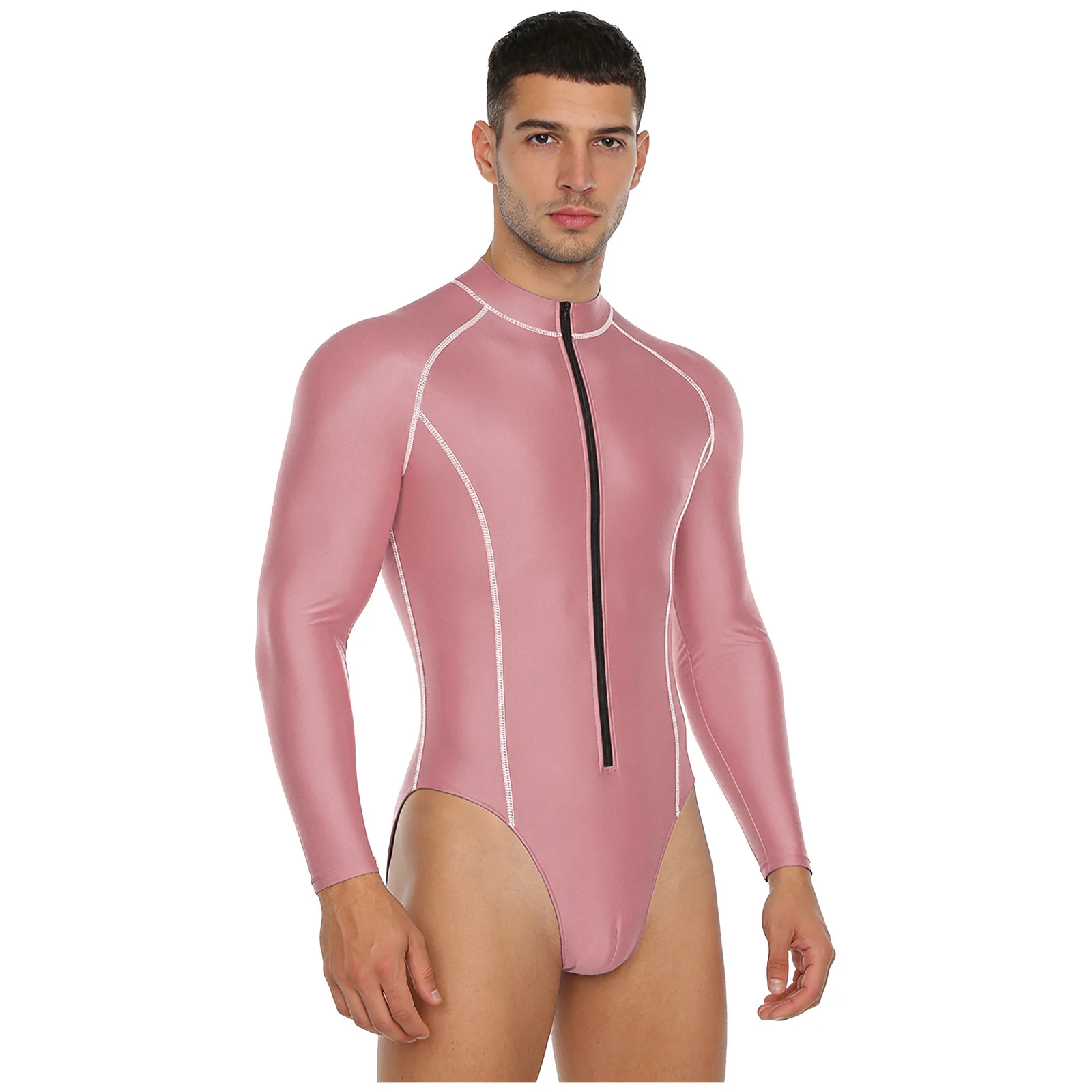 Trajes de baño deportivos de manga larga para hombre, traje de baño elástico de Color rosa con protección contra sarpullidos, ropa de playa para surf, natación, trajes de entrenamiento