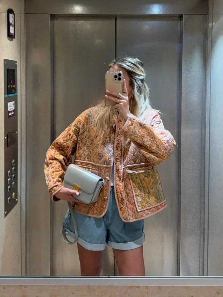 

Lady Single Breasted Printed Cotton Coat Women Stand Collar Pockets Long Sleeve Jacket 2025 Autumn Fashion Daily Street Outwear