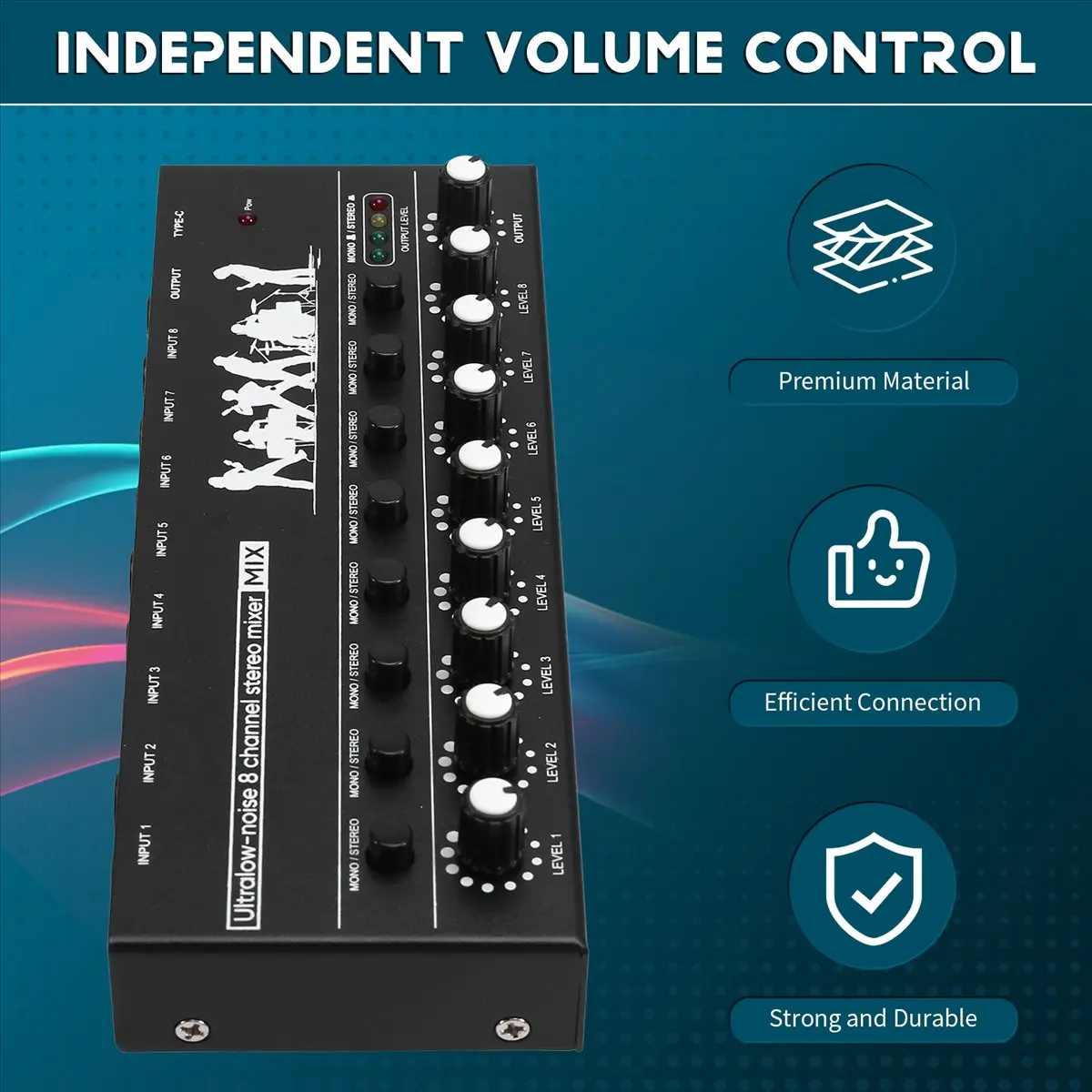 AT42 Professional 8-Channel Stereo Mixer Portable Sound Audio Mixer with Low-Noise Functionality for Recording Instruments