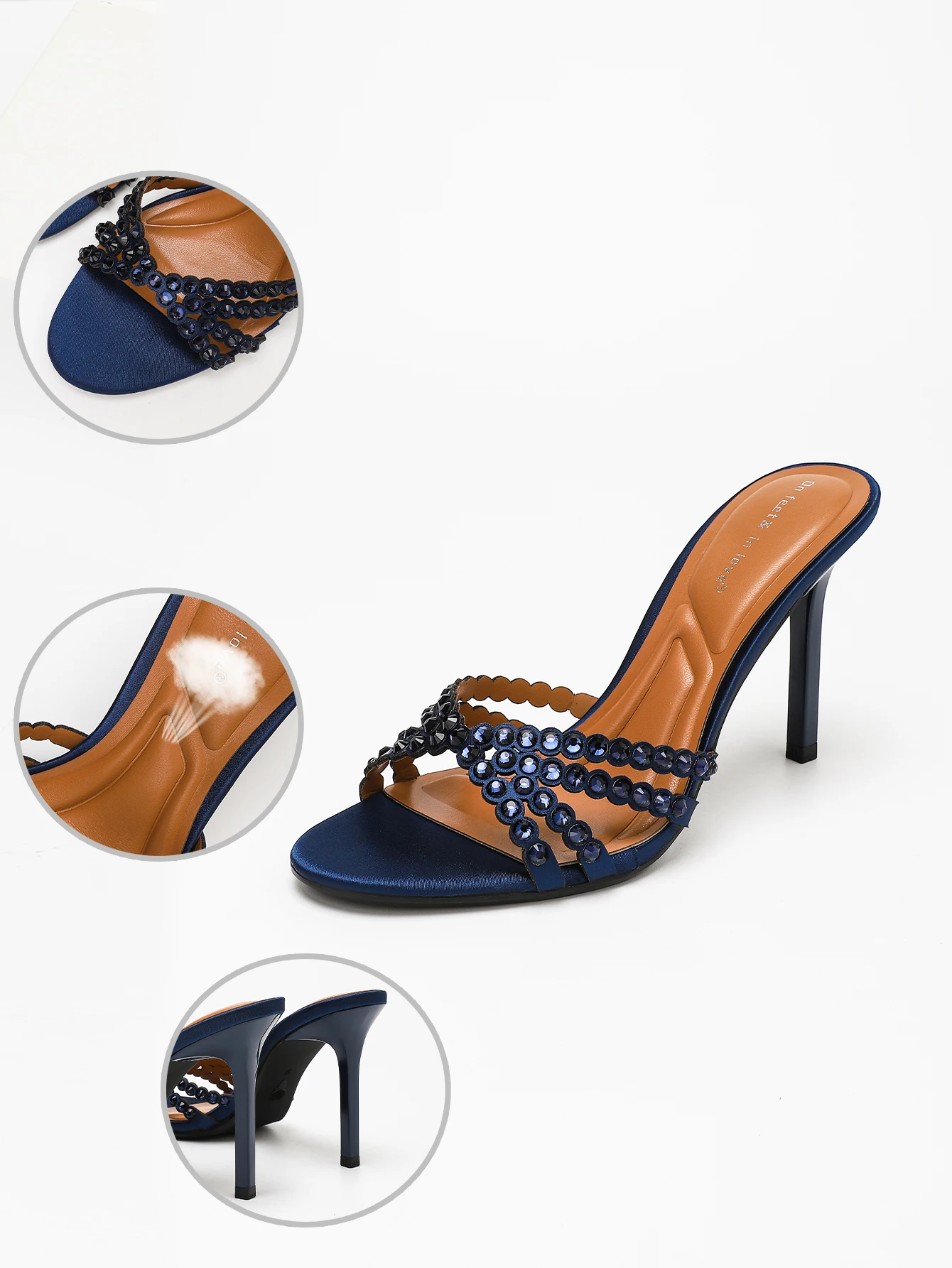 Marineblaue Satin-Sandalen für Damen mit Kristall-Strass-Riemen, eckiger Zehenpartie, Stiletto-Absatz, Mules für Hochzeitsfeier – Detail 2