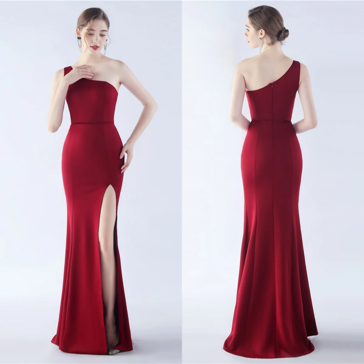 

Evening Dress Burgundy Stretchy One Shoulder Pleat Zipper Back Mermaid Trumpet Floor Length Slit Women Party Formal Gowns YE152