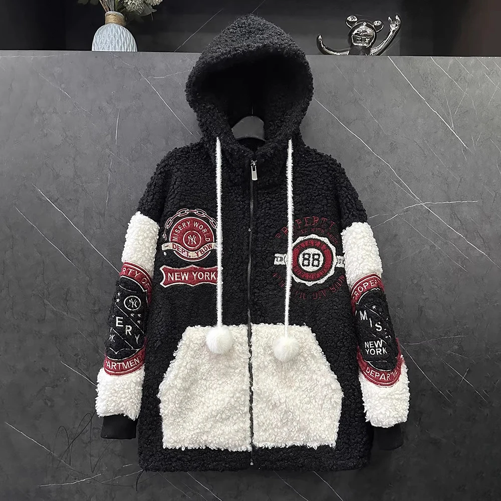 

Утепленная куртка оверсайз на флисовой подкладке с вышивкой и меховым капюшоном для женщин, осенне-зимняя, новый стиль, свободный крой, повседневный, в стиле «ленивый шик»