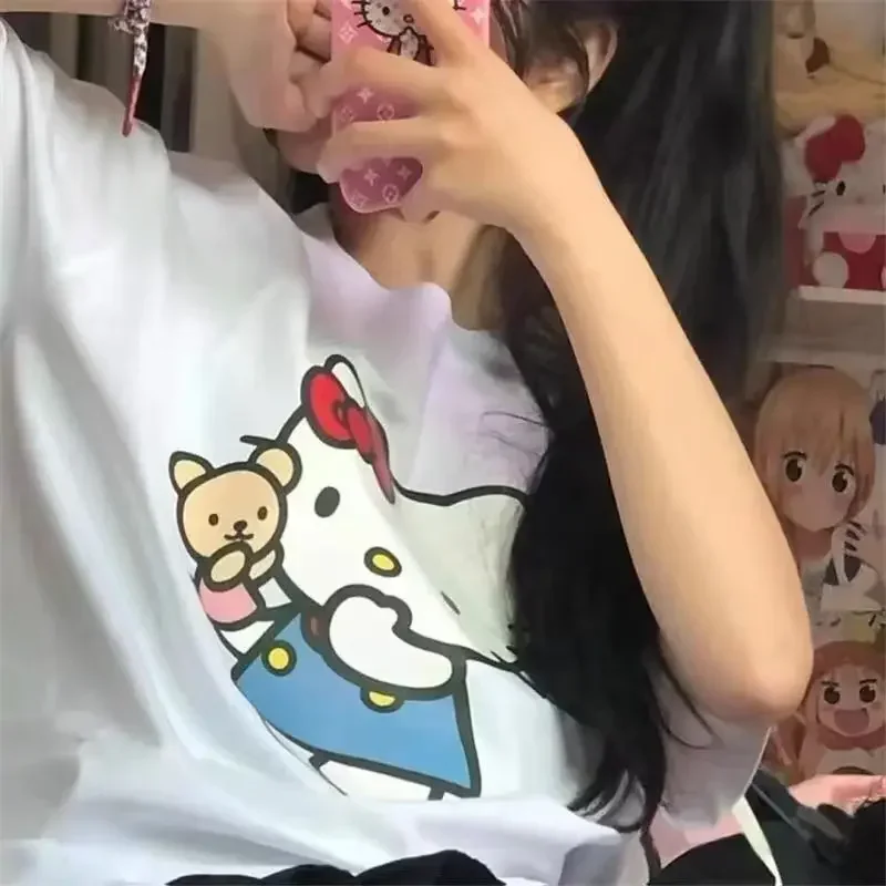 Japanese Hello Kitty Short Sleeve T-shirts Women Summer Korean Style Loose Harajuku Cute Soft Girl Y2K Top Aesthetic Clothes Tee image 4