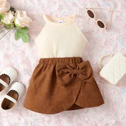 Baby Girl Set Sleeveless BeigeVest Butterfly Top +Bow Knot Pleated Short Skirt Outfit Infant Fashion Clothing Suit for Kids Girl