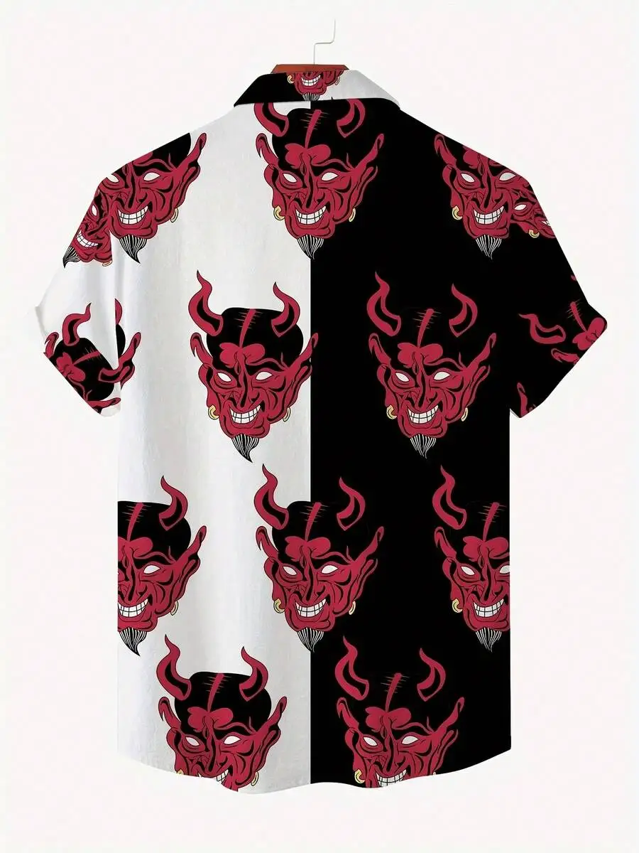 Red Demonic Mask Print Mens Short Sleeve Button Down Shirt Casual Streetwear