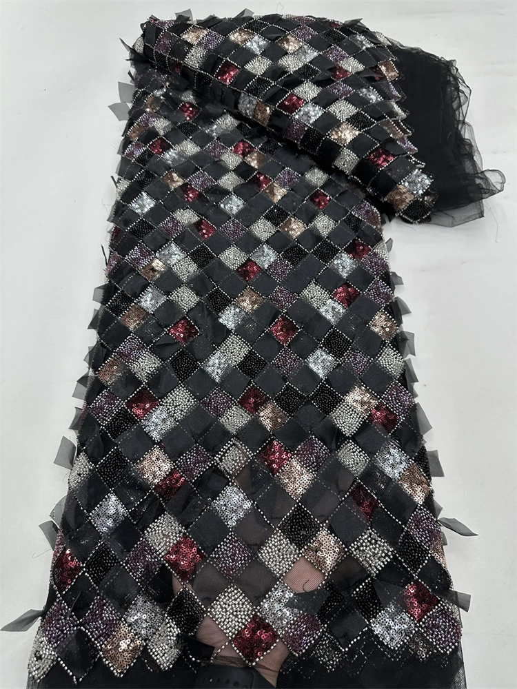 2025 Luxury African Sequins Beaded Lace Fabric High Quality Lace 5 Yards Gold French Lace Fabric Nigerian Lace Fabrics Party