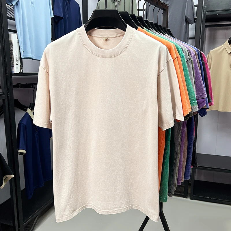 Personality washed vintage short sleeve T-shirt high-end 100% pure cotton men fashion round neck comfort lightweight casual top image 6