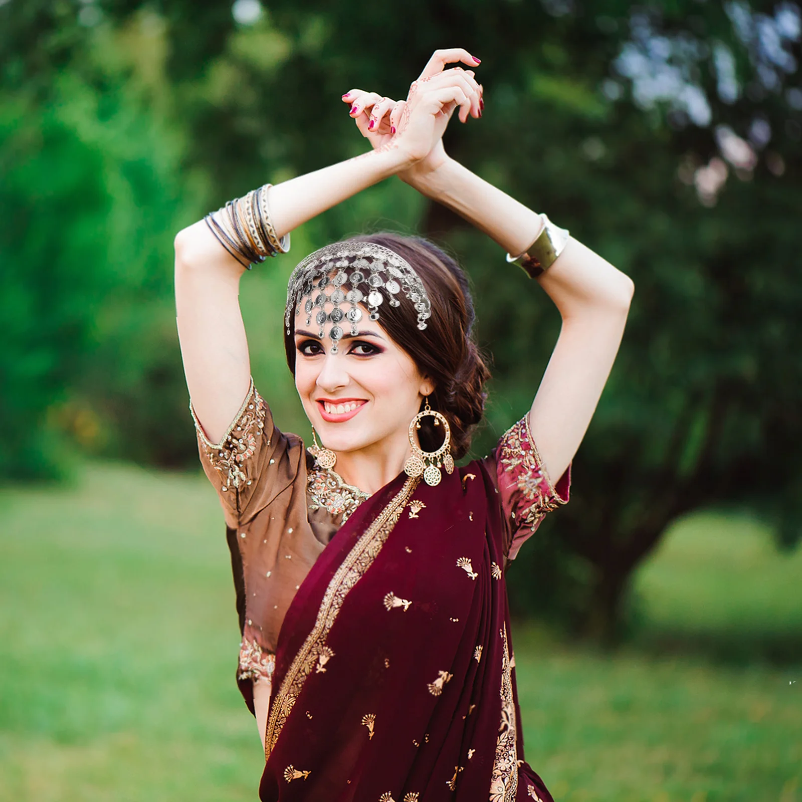 الهندي الرقص خوذة الرقص الشرقي زي الفضة رئيس سلسلة مهرجان الزفاف أداء إكسسوارات الشعر النساء الفتيات