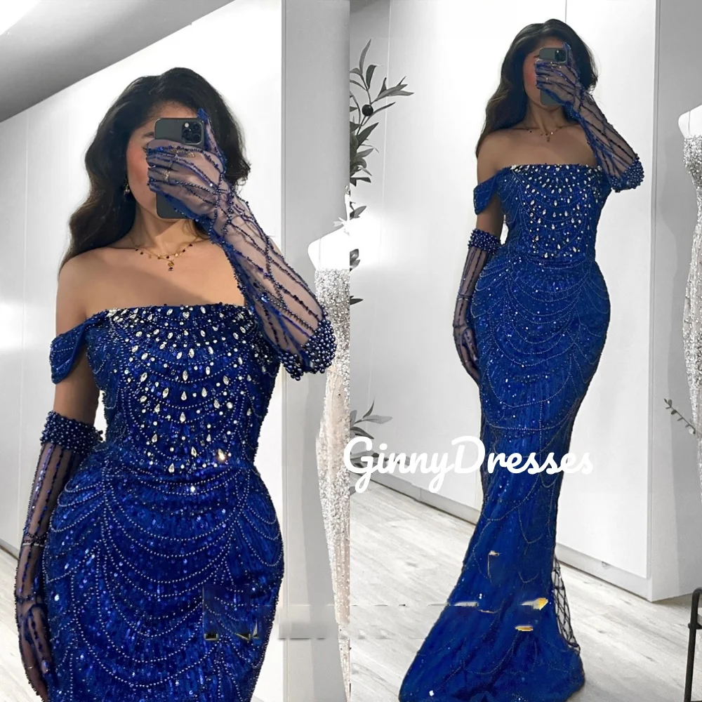 

Mermaid Blue Customize Beadings Evening Dress Off-The-Shoulder Floor-Length Dresses For Special Events Zipper Up Vestidos De Fie