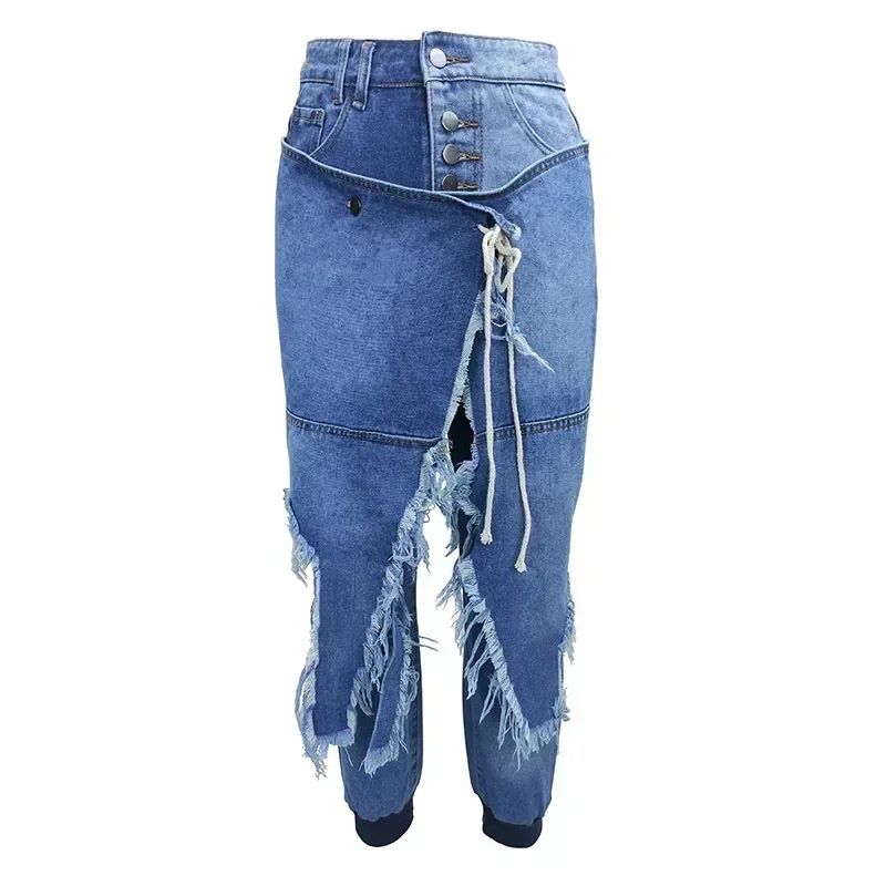 Pantalones vaqueros para mujer, pantalones vaqueros con botones hasta el tobillo, falda con cordones blanqueados rasgados, pantalones pitillo vaqueros sexis