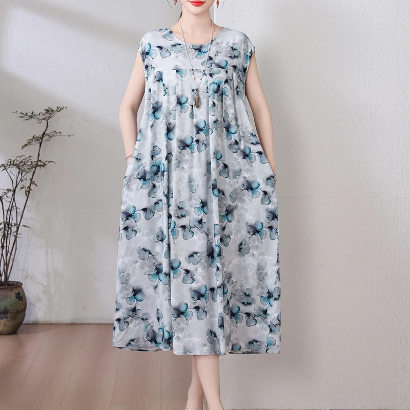 New Hot Fashion Arrival Casual 2026 Summer Dress For Women Print Loose O-Neck Cotton Women Clothing Dresses Plus Size