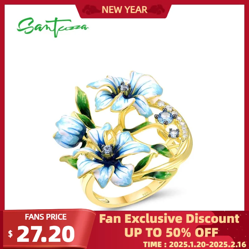 SANTUZZA Genuine 925 Sterling Silver Rings For Women Blue Spinel White CZ Handmade Enamel Flower Ring Delicate Fine Jewelry