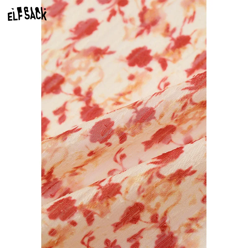 ELFSACK 2024 Summer New Arrivals French V-neck Temperament Holiday Style Chiffon Floral Sleeveless Dress for Women