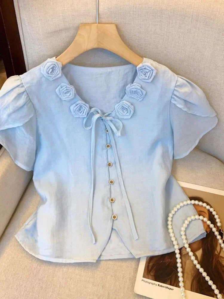 

Винтажная элегантная милая рубашка с 3D цветочным принтом, женская повседневная милая блузка с v-образным вырезом, корейская летняя женская рубашка с коротким рукавом на шнуровке в стиле ретро