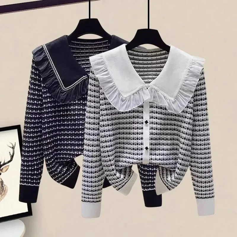 NEW 2025 Women Sweater knitwear Lotus Leaf Edge Design Doll Neck Sweater Spring Autumn Casual Style Knitted Top Pullover Shirt