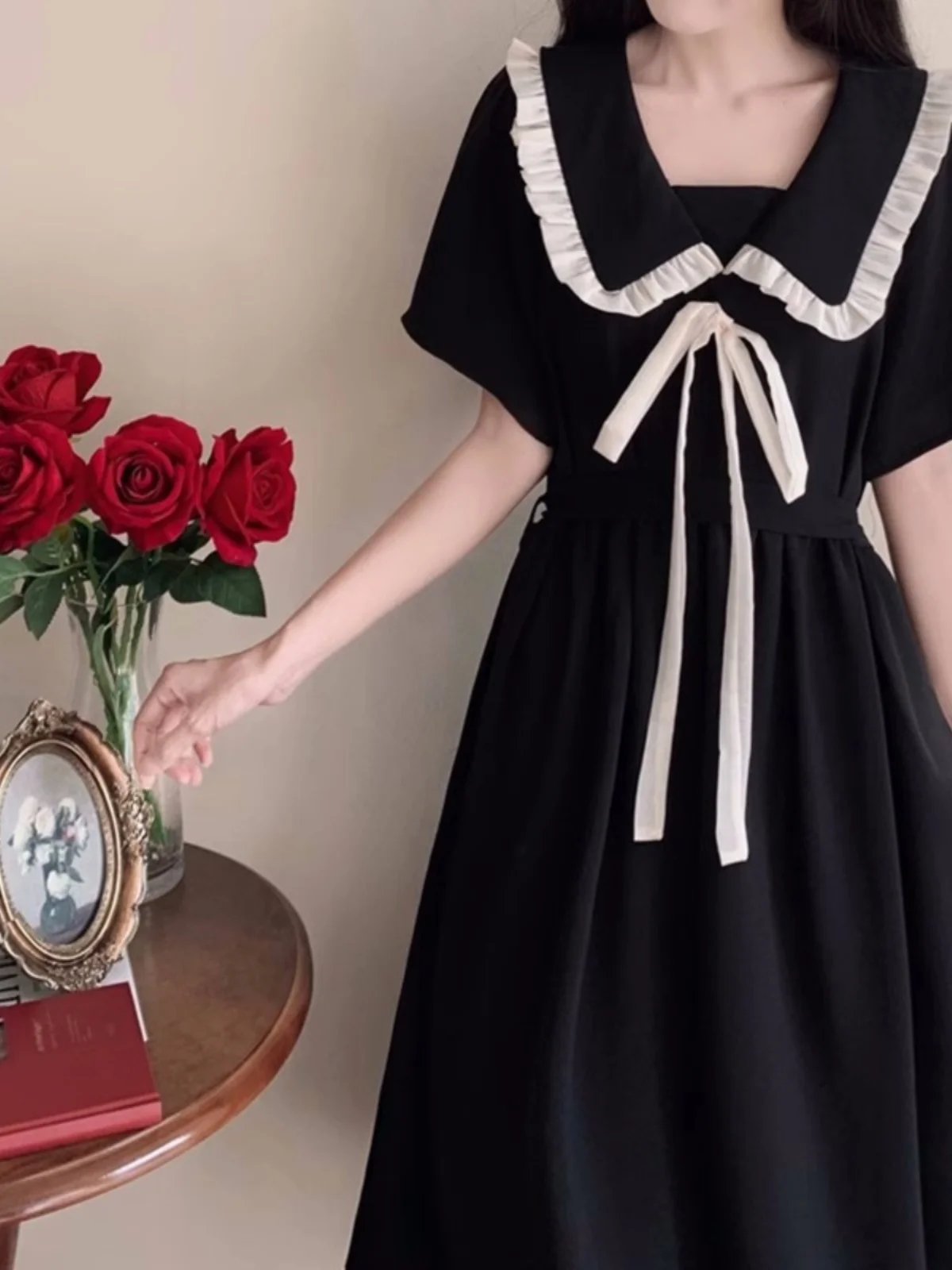 

plus Size Women's Short Sleeve Doll Collar Dress Slimming Hepburn Style Long Skirt High Waist A-Line Summer New Arrival