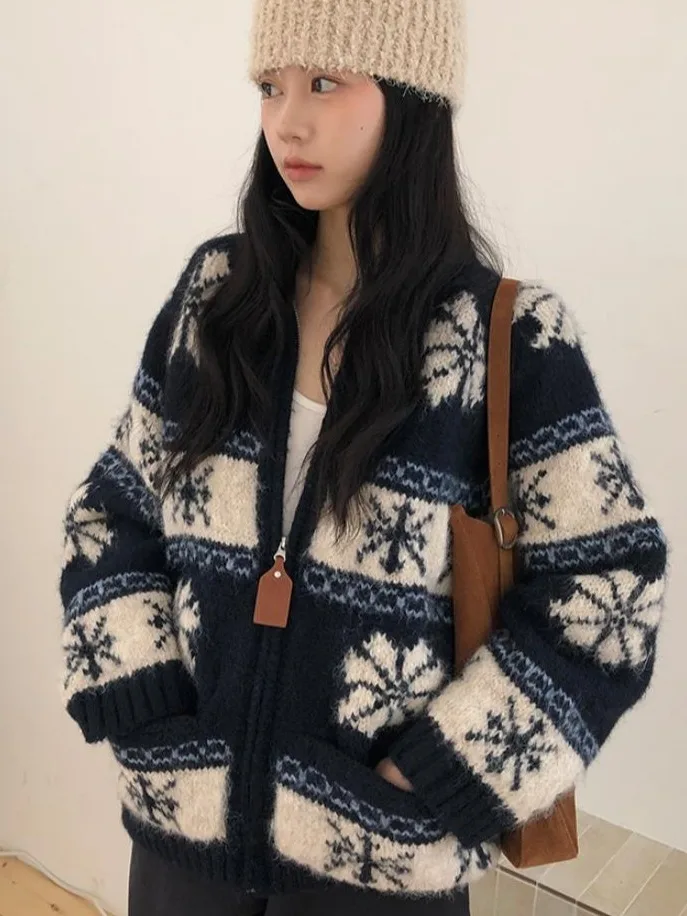 Retro Fair Isle Knitted Sweater Coat Women's Loose Korean Sle Autumn Winter Lazy Faion Open Cardigan Trendy Girl's Clothes