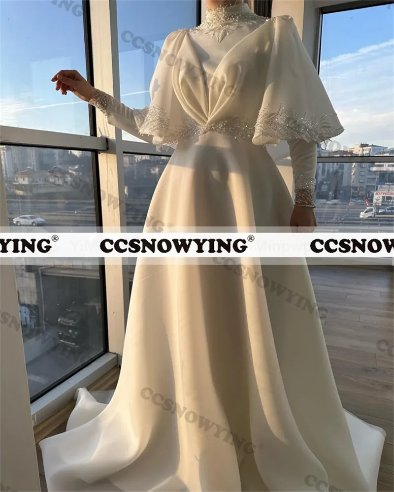 

Fashion Appliques Beaded Muslim Wedding Dress for Bride Long Sleeve Islamic Bridal Gowns High Neck Women Arabic Robe De Mariée