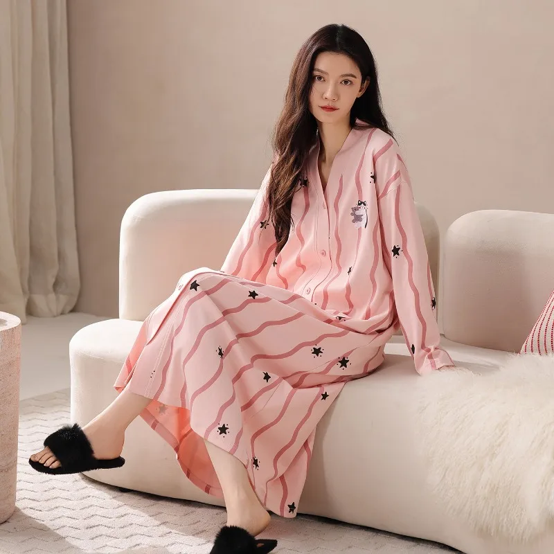 

2025 Новая хлопковая женская повседневная свободная и удобная длинная одежда для сна с длинными рукавами