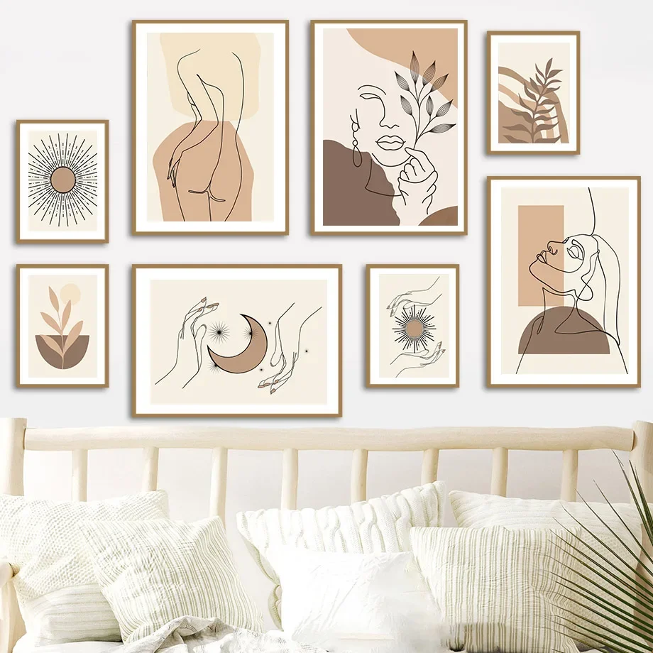 (No frame)Póster y cuadros minimalistas de arte bohemio con líneas abstractas de hojas, cuerpo de chica y sol, imágenes decor