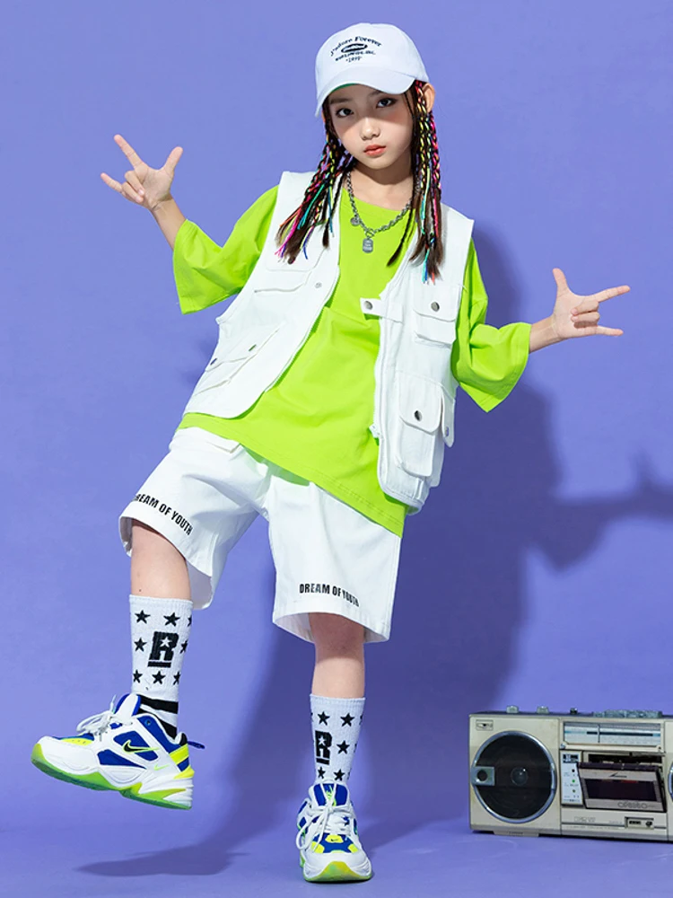 Abbigliamento per bambini gilet bianco pantaloncini larghi Streetwear ragazze Jazz costumi di danza moderna ragazzi Hip Hop Performance Clothes DQS15871