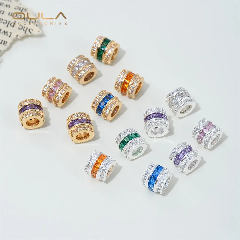 14K Gold-plated Thick Silver Inlaid Zircon Wheel Large Hole Partition Beads Bucket Beads Diy Beaded Bracelet Necklace Accessory