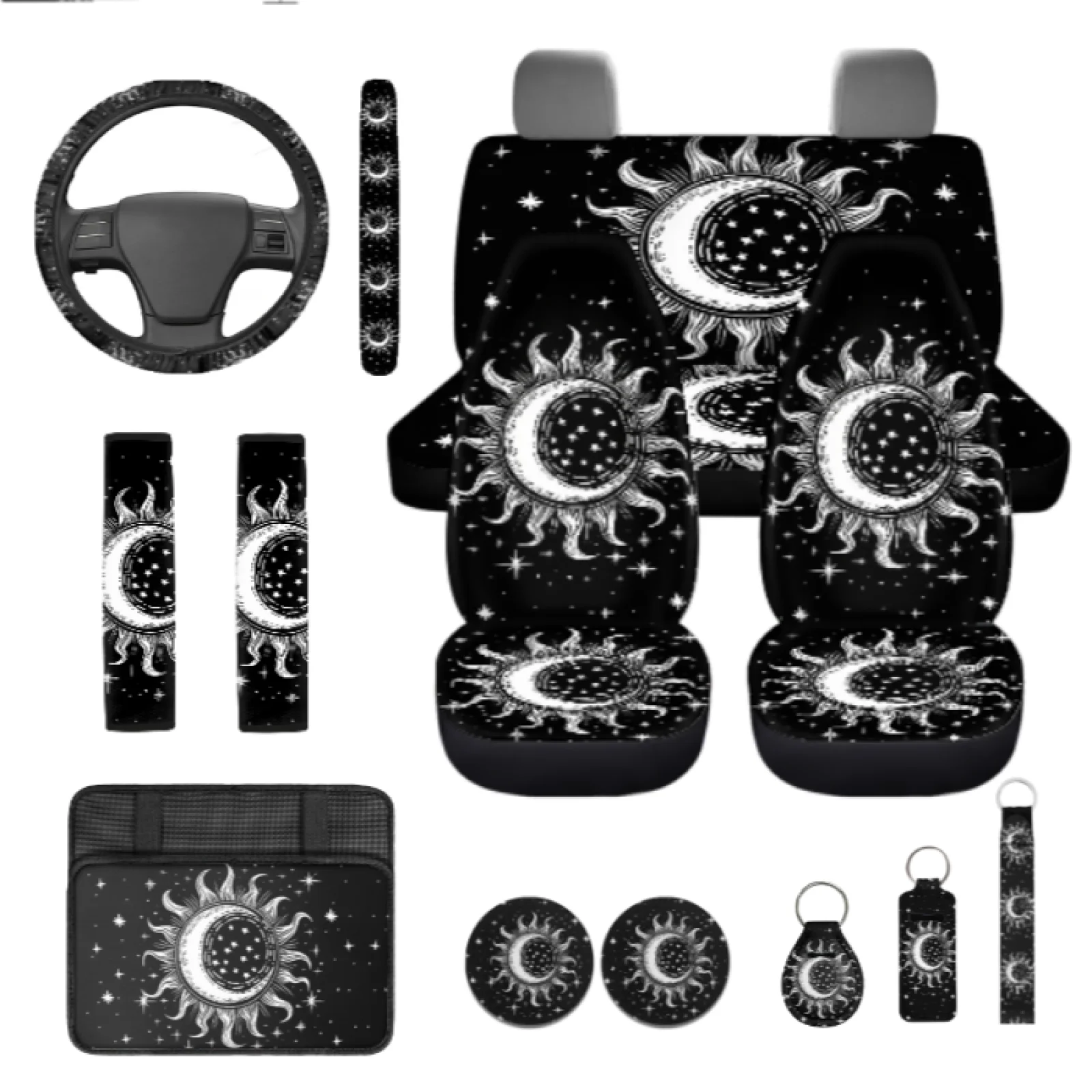Coloranimal Sun 13 PCS Car Seat Cover Set with Protective Steering Wheel Cover and Seat Belt Covers for Auto Interior