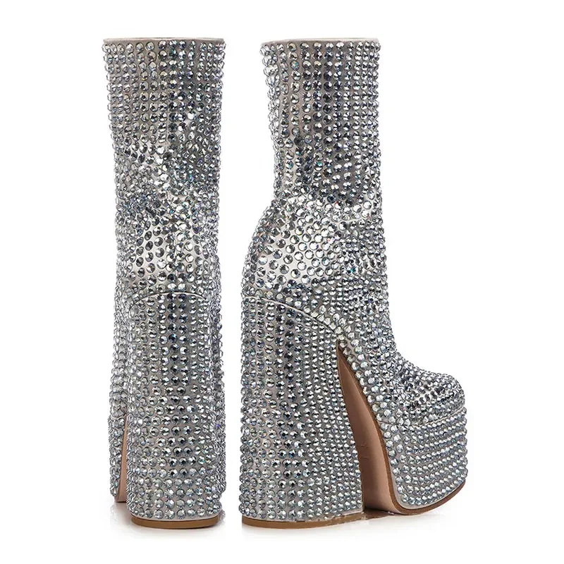 Fashion New Square Head Platform Super High Heel Short Boots Silver All Water Diamond Decoration Large Chelsea Short Boots