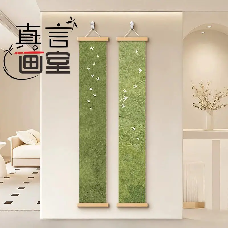 30x120cm Wall Art Green Texture Scroll Hanging, Butterfly Swallow Print Fabric Wall Decor for Living Room Bedroom Entryway Study