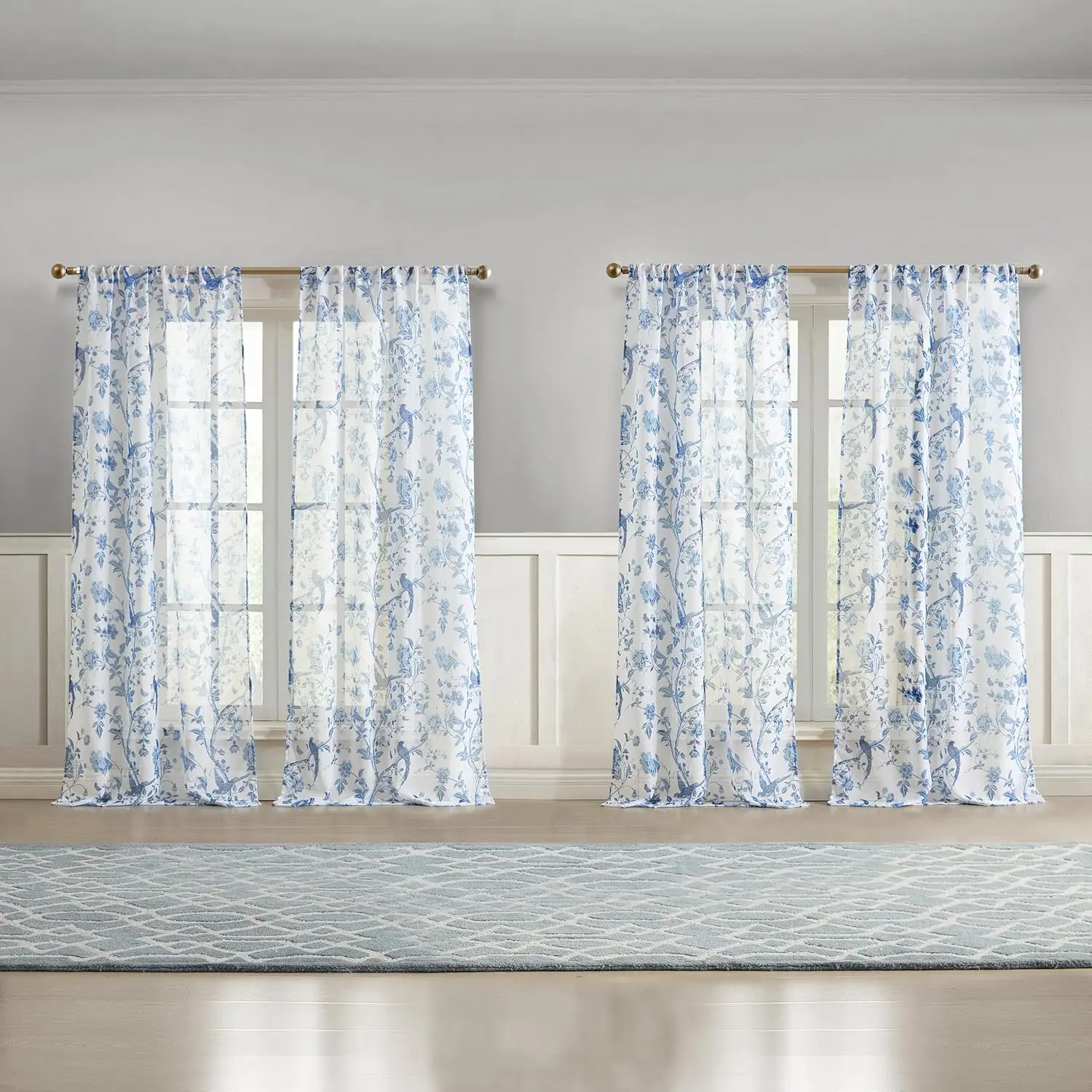

Sheer Curtains with Floral Bird Motif, 84-inch Light Filtering Window Panels, 4-Pack Rod Pocket Design for Living Room